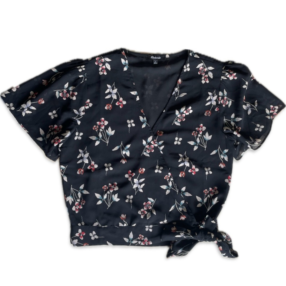 Madewell - Botanical Print Wrap Top in True Black, size S